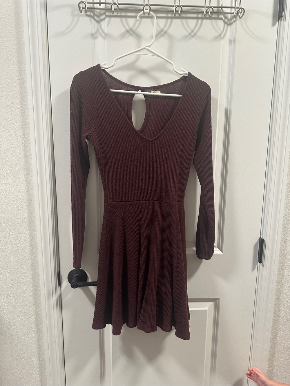 Hollister Long Sleeve Ribbed Fit-and-Flare Dress in Burgundy